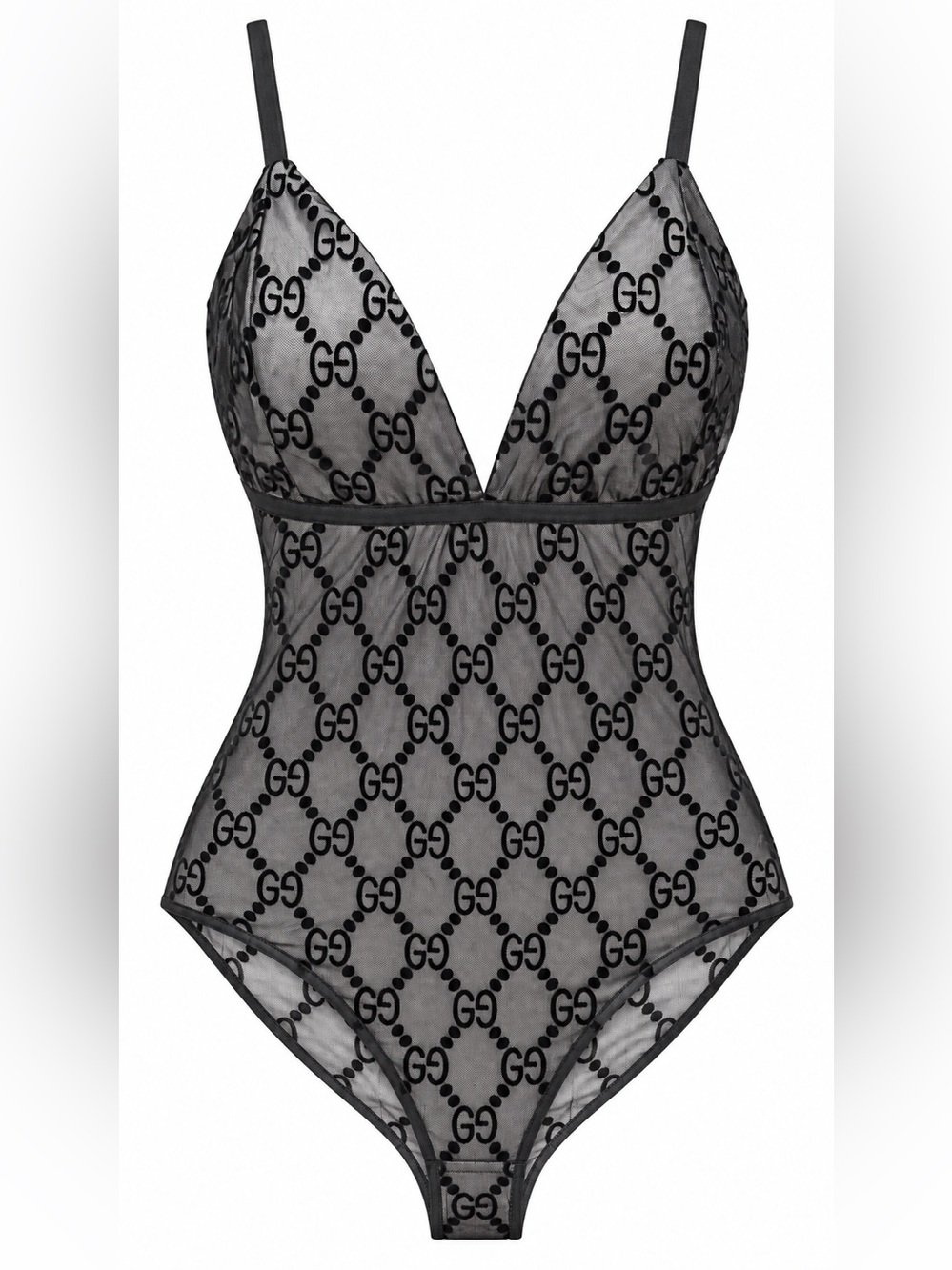 Sheer Black Logo Lace Plunge Bodysuit